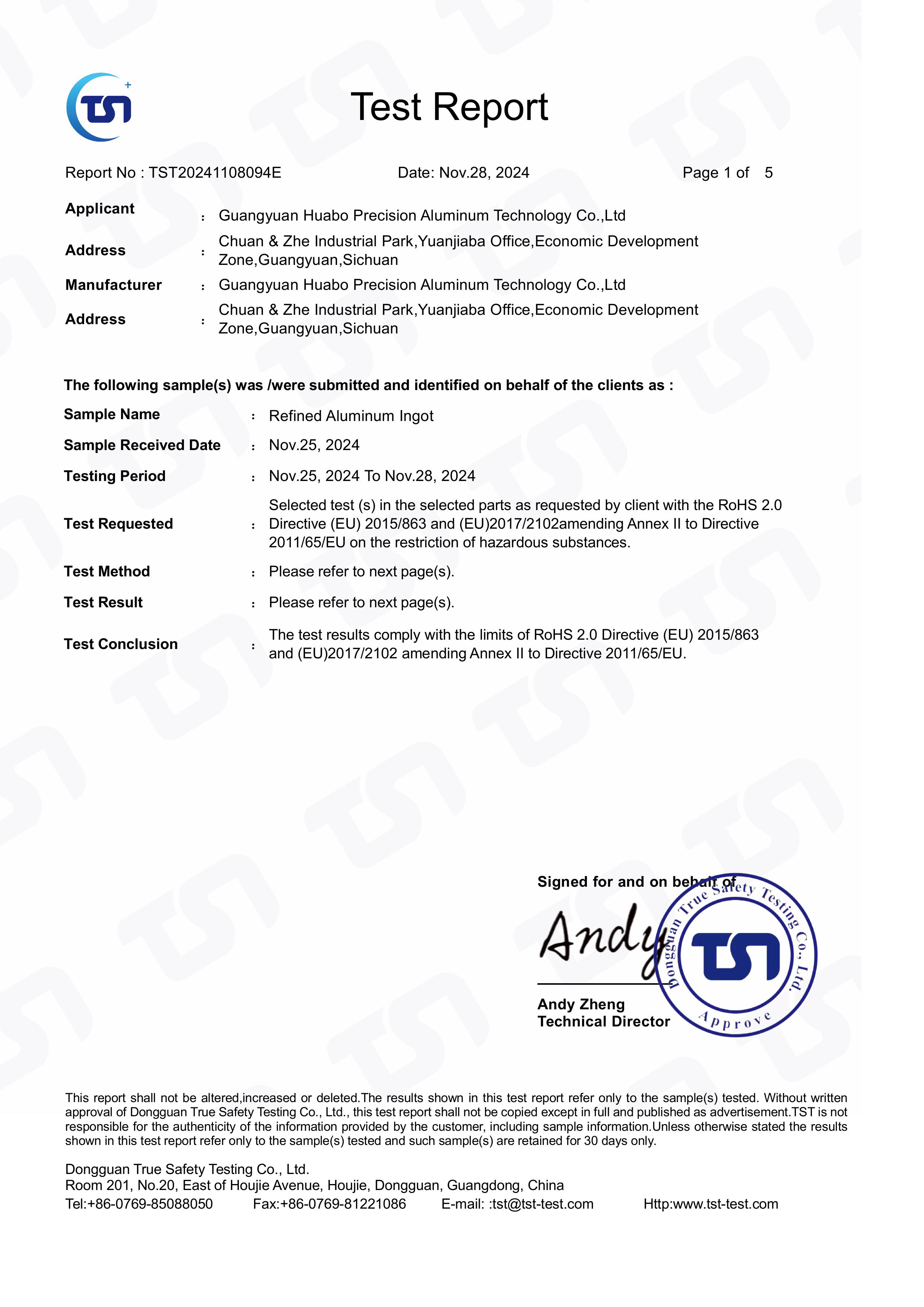 RoHS 2.0 Prüfbericht Deckblatt TST20241108094E